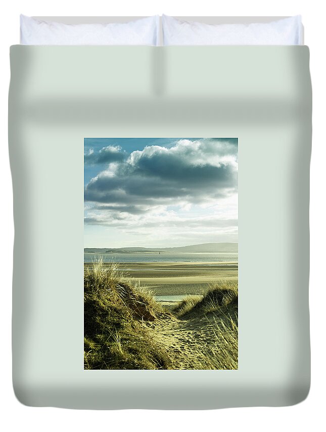 Sand Dune Duvet Cover featuring the photograph Sand Dunes With Empty Beach And by Tirc83