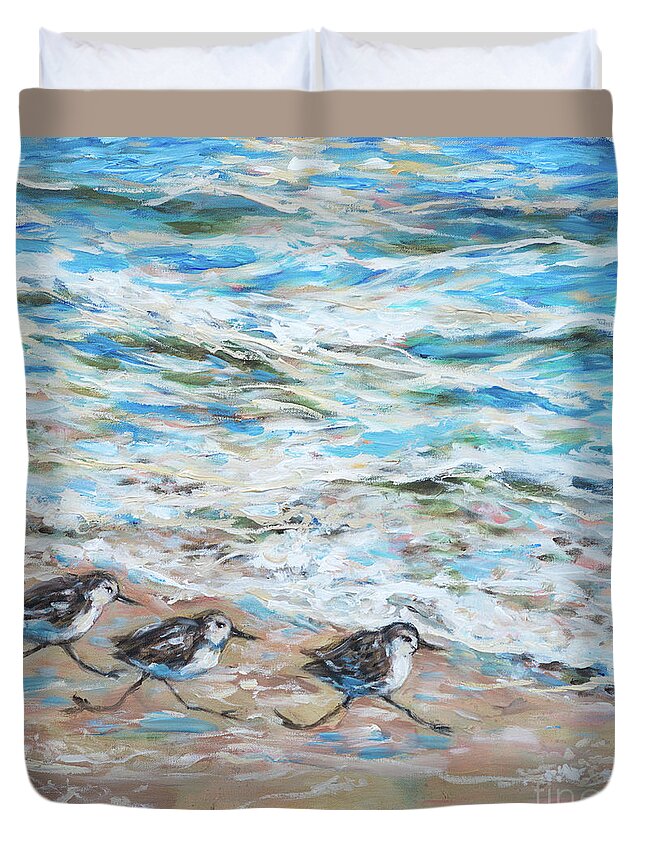 Beach Duvet Cover featuring the painting Sanderlings Running by Linda Olsen
