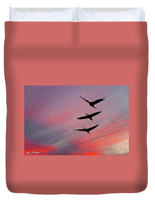 Animal Duvet Cover featuring the photograph Sandhill Cranes at Sunset by Jeff Goulden
