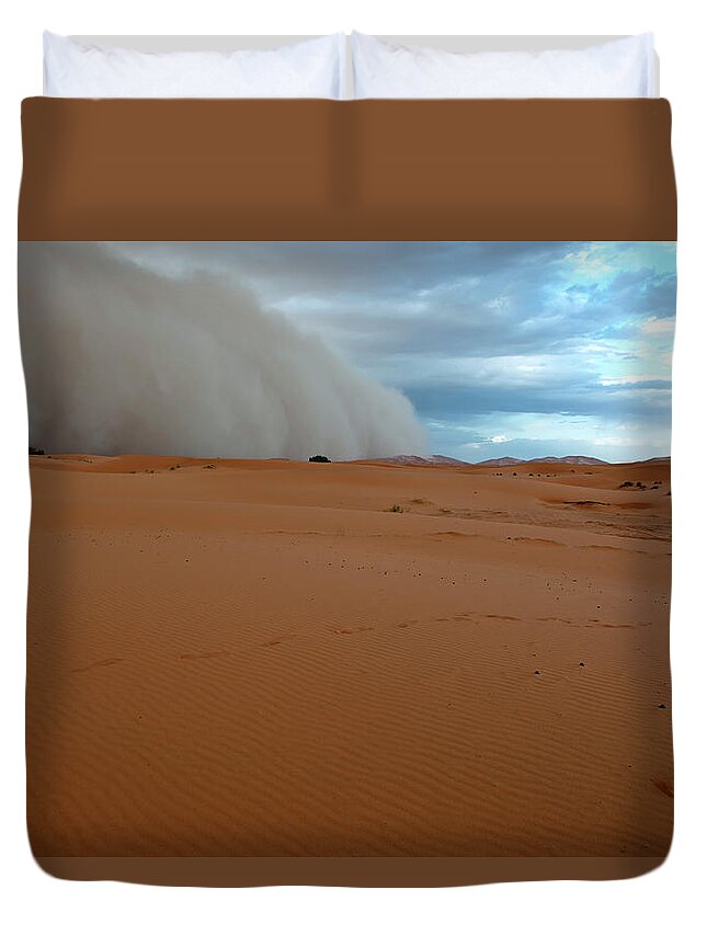 Wind Duvet Cover featuring the photograph Sandstorm In Erg Chebbi Desert Morocco by Pavliha