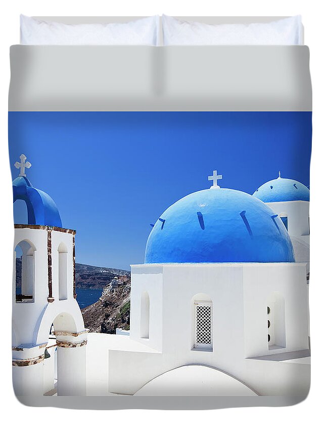 Greek Culture Duvet Cover featuring the photograph Santorini Famous Churches by Mbbirdy