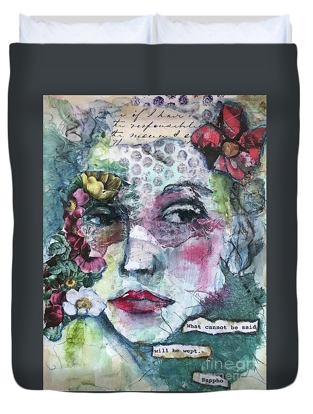 Mixed Media Duvet Cover featuring the painting Sappho's Quote by Diane Fujimoto