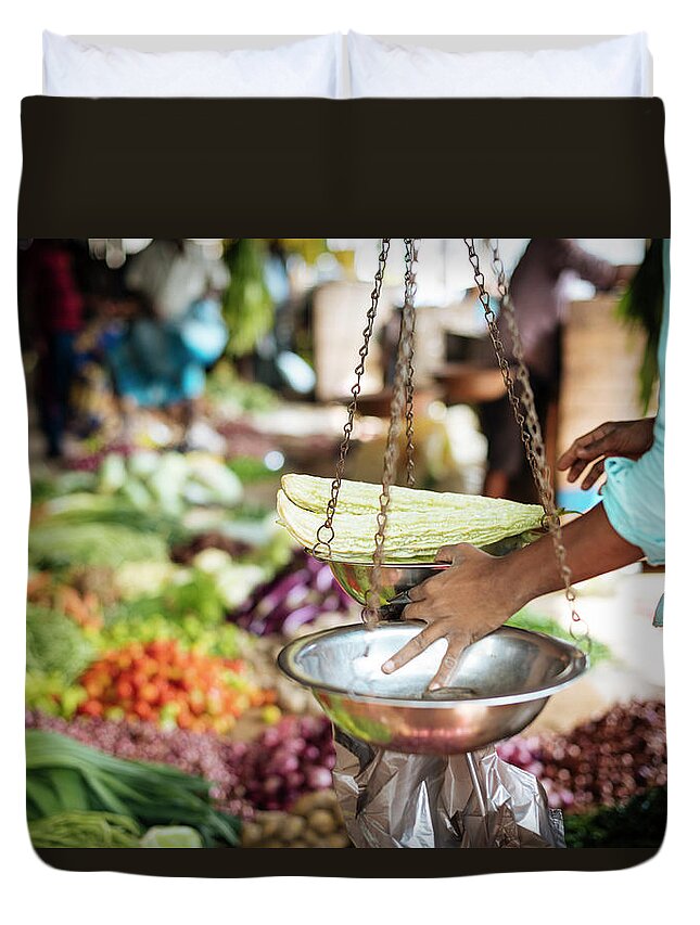Estock Duvet Cover featuring the digital art Scale At Vegetable Market by Ben Pipe