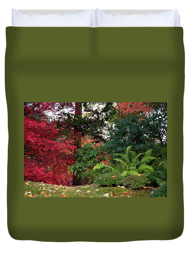 Jenny Rainbow Fine Art Photography Duvet Cover featuring the photograph Scarlet Red and Emerald Green in Japanese Garden by Jenny Rainbow