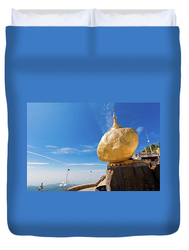 Southeast Asia Duvet Cover featuring the photograph Scenic View Of Golden Rock Kyaiktiyo by Fototrav