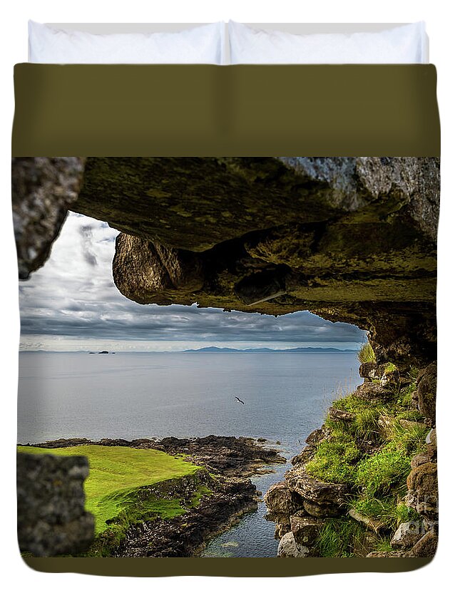 Animal Duvet Cover featuring the photograph Scenic View Through Stone Window At Duntulm Castle At The Coast Of The Isle Of Skye In Scotland by Andreas Berthold