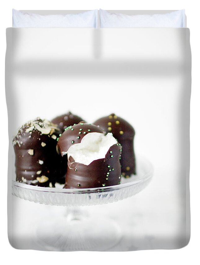 White Background Duvet Cover featuring the photograph Schokokuss, Chocolate Coated Egg White by Charity Burggraaf