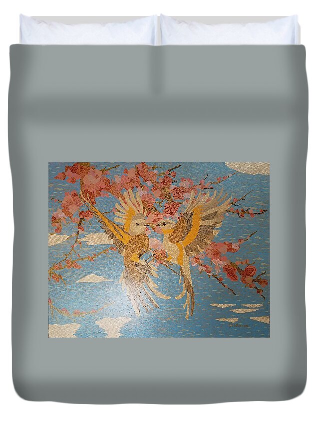 Scissortail Duvet Cover featuring the painting Scissortails in Cherry Blossoms by DLWhitson