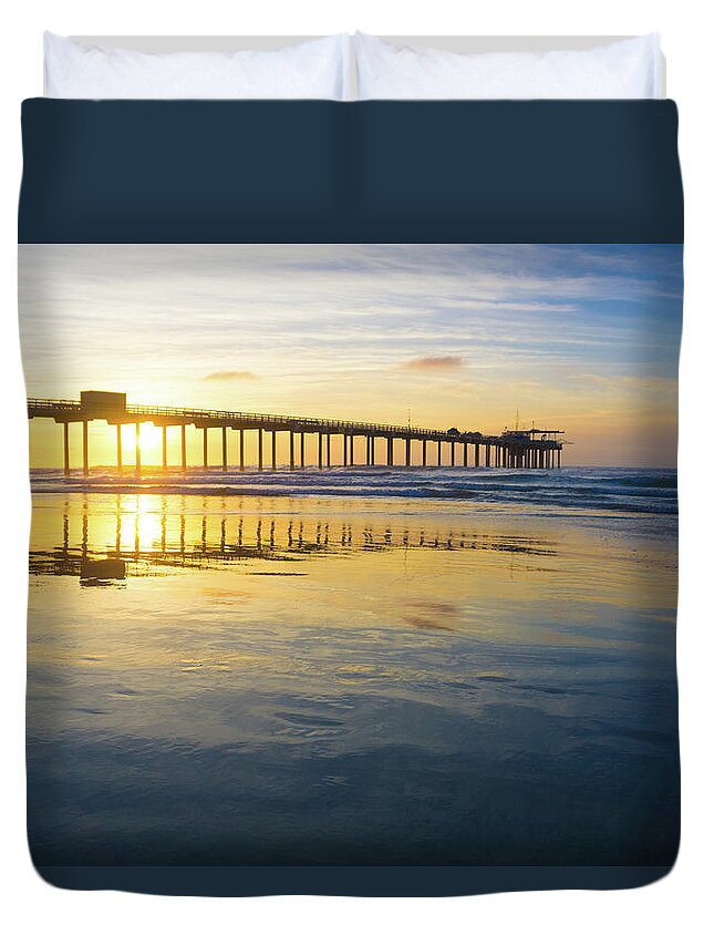 Surf Duvet Cover featuring the photograph Scripps Pier Golden Hour 1 by Richard A Brown