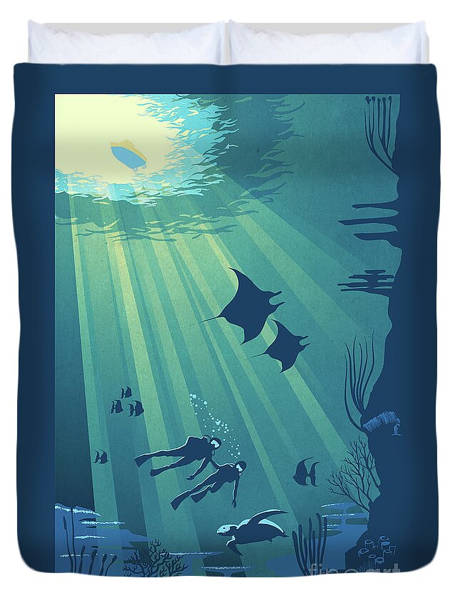 Travel Poster Duvet Cover featuring the painting Scuba Dive by Sassan Filsoof