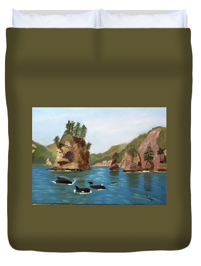 Alaska Duvet Cover featuring the painting Sea Stacks and Orcas by Linda Feinberg