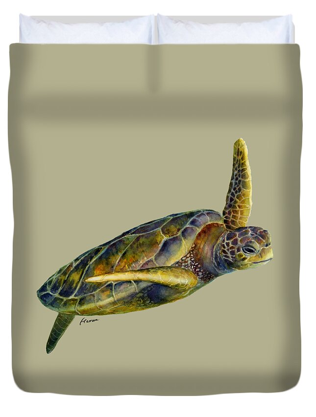 Underwater Duvet Cover featuring the painting Sea Turtle 2-Solid background by Hailey E Herrera