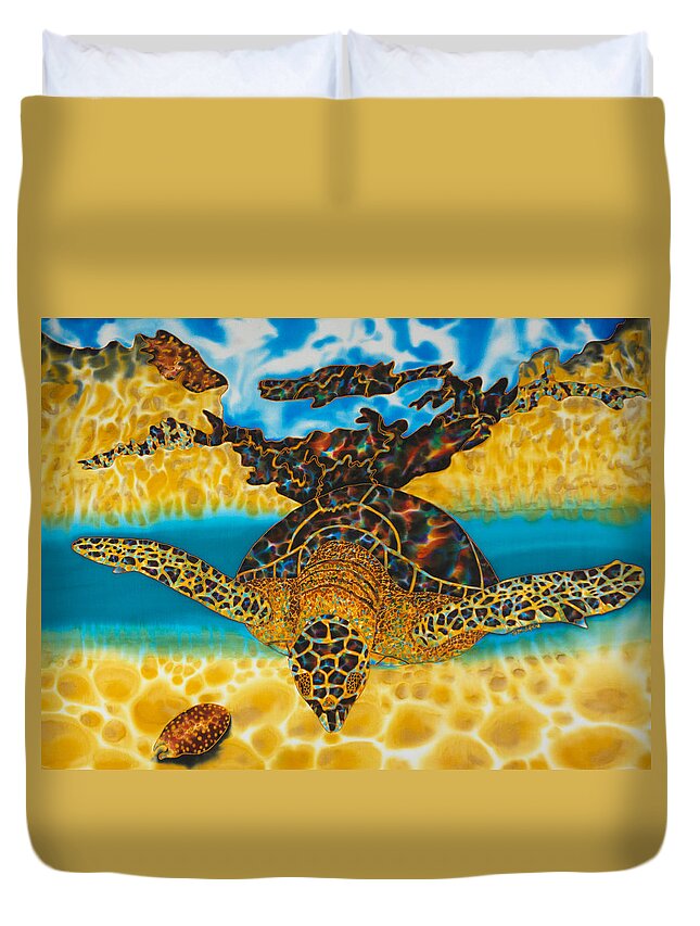 Sea Turtle Duvet Cover featuring the painting Sea Turtle and Sea Shell by Daniel Jean-Baptiste