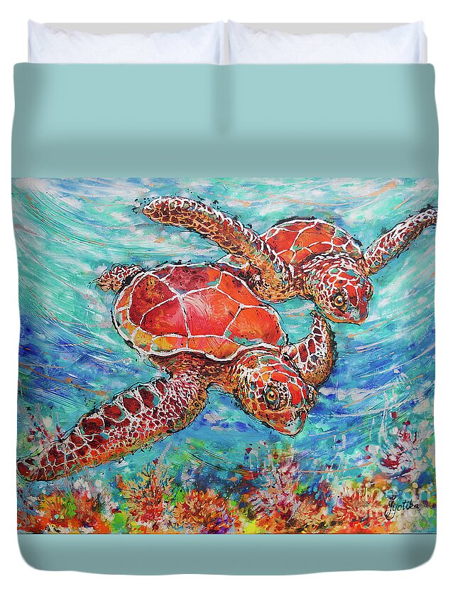 Marine Turtles Duvet Cover featuring the painting Sea Turtles on Coral Reef by Jyotika Shroff