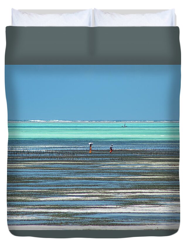  Duvet Cover featuring the photograph Sea weed collectors 1 by Mache Del Campo