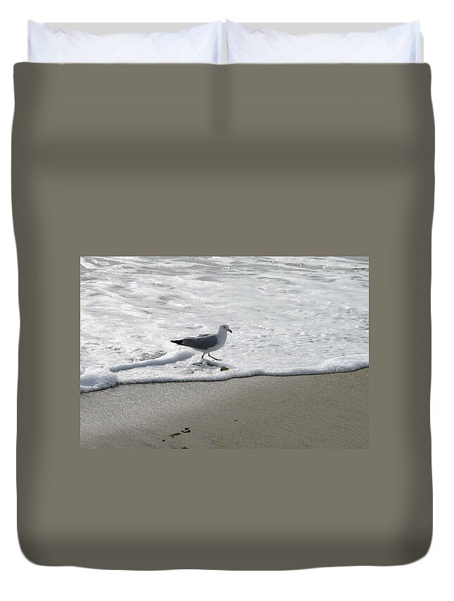 Seagull Duvet Cover featuring the photograph Seagull Running Through Waves by Laura Smith