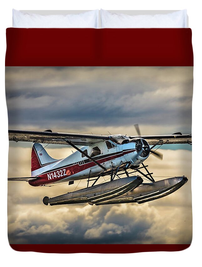 Seaplane Duvet Cover featuring the photograph Seaplane in the Anchorage sky by Lyl Dil Creations