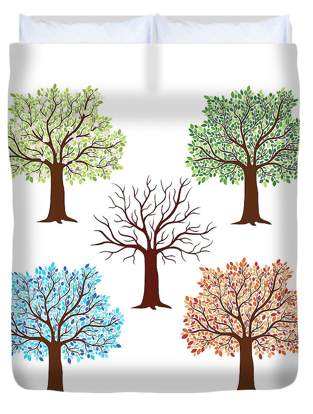 Orange Color Duvet Cover featuring the digital art Seasonal Trees by Flyinggiraffestudio