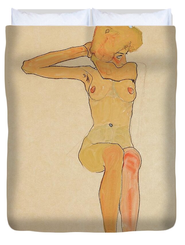Egon Schiele Duvet Cover featuring the drawing Seated female nude with raised right arm,1910 Gouache,. by Egon Schiele -1890-1918-