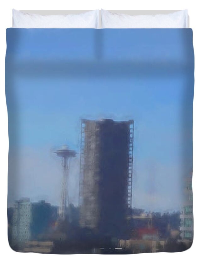 Seattle Duvet Cover featuring the photograph Seattle Skyline digital pastels by Cathy Anderson