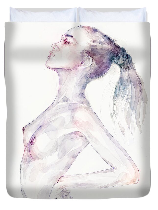 Watercolor Duvet Cover featuring the painting Sensual pose aquarelle portrait of a girl by Dimitar Hristov