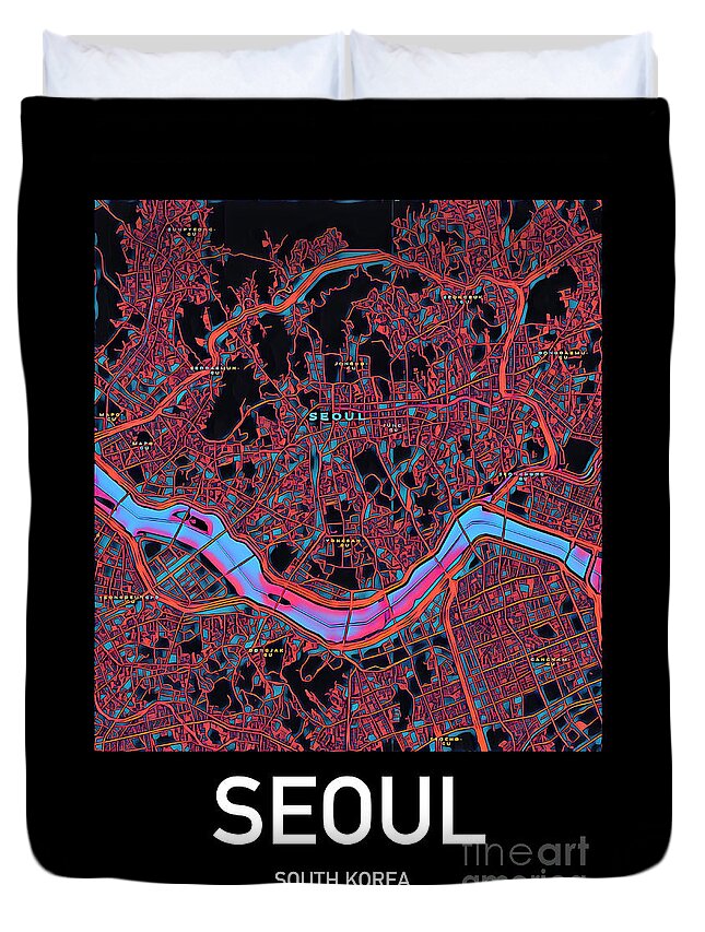 Seoul Duvet Cover featuring the digital art Seoul City Map by HELGE Art Gallery