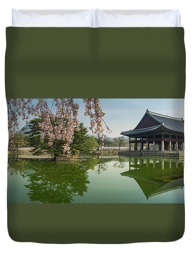 Scenics Duvet Cover featuring the photograph Seoul Spring Blossom Over Gyeongbokgung by Fotovoyager