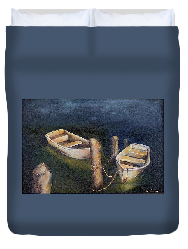 Dinghy Duvet Cover featuring the painting Serenity by Nancy Strahinic