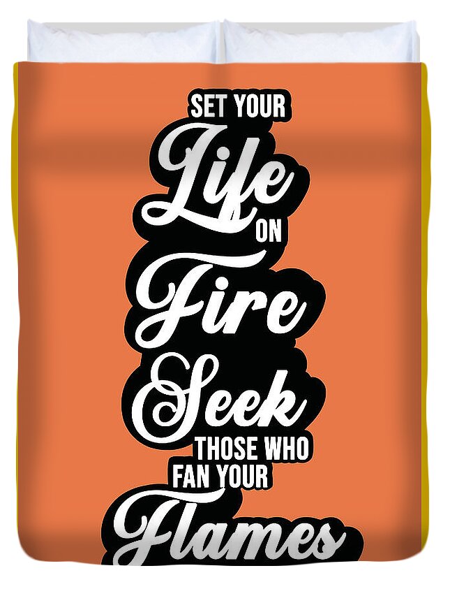Rumi Duvet Cover featuring the mixed media Set your life on fire - Rumi Quotes - Typography - Retro - Orange, Black by Studio Grafiikka