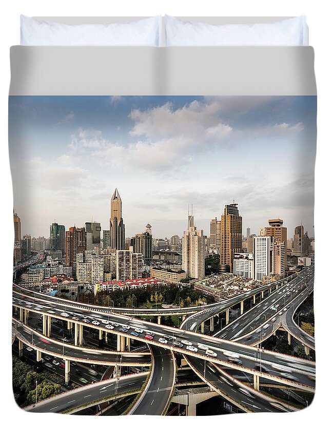 Built Structure Duvet Cover featuring the photograph Shanghai Skyline And Busy Road by Martin Puddy