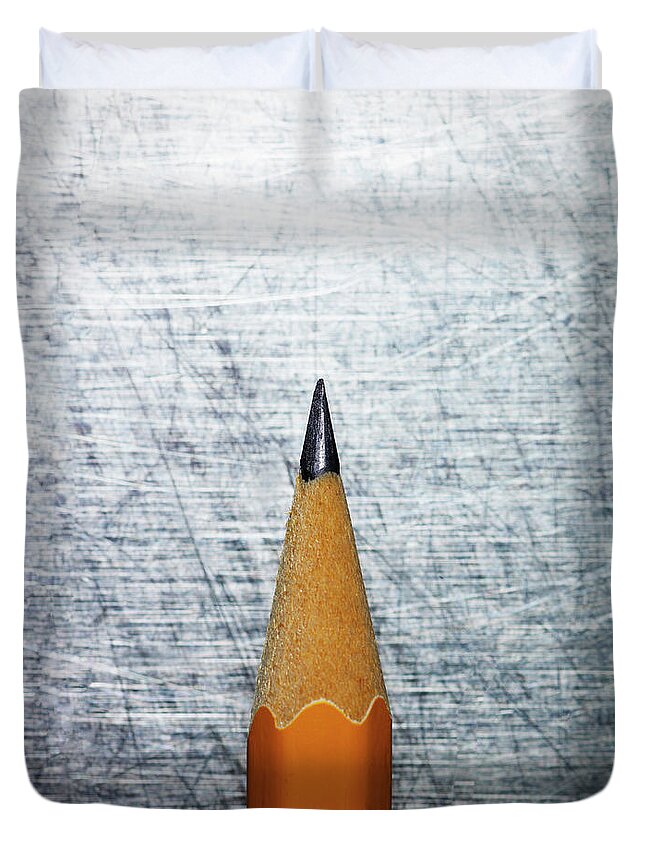 Sharp Duvet Cover featuring the photograph Sharpened Pencil On Stainless Steel by Ballyscanlon