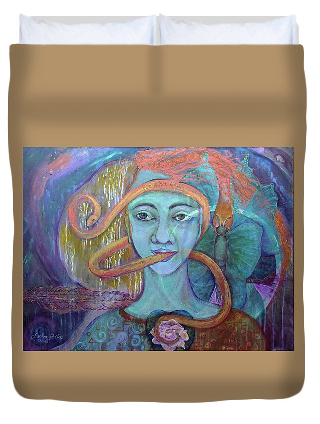 Shamanic Painting. Visionary Painting. Snake Symbolism Duvet Cover featuring the painting She Is Not Afraid of Transformation by Feather Redfox