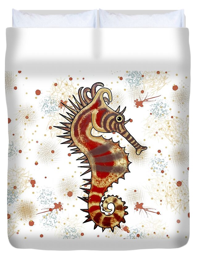 Seahorse Duvet Cover featuring the mixed media Seahorse SHeHorse Proud on White by Joan Stratton