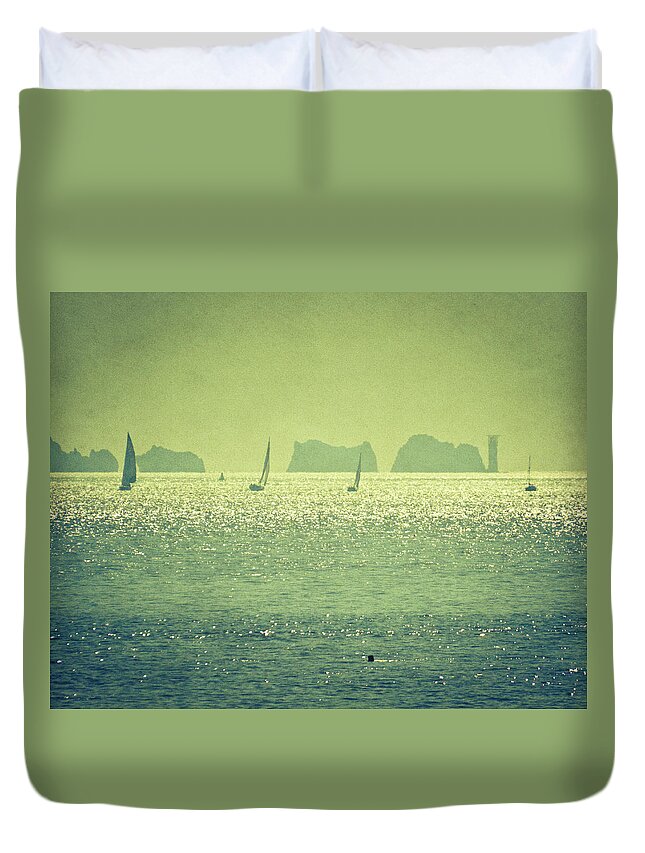 Sailboat Duvet Cover featuring the photograph Shimmering Needles by S0ulsurfing - Jason Swain