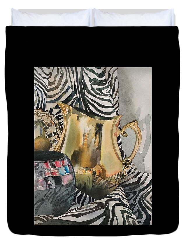 Still Life Duvet Cover featuring the painting Shiny in Stripes by Marlene Gremillion