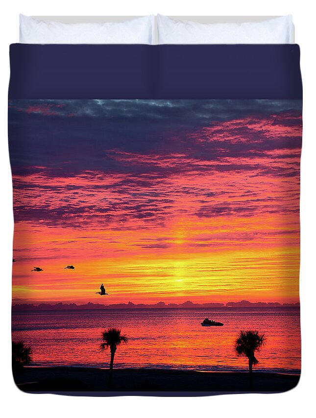 Background Duvet Cover featuring the photograph Ship Into Sunrise by Darryl Brooks