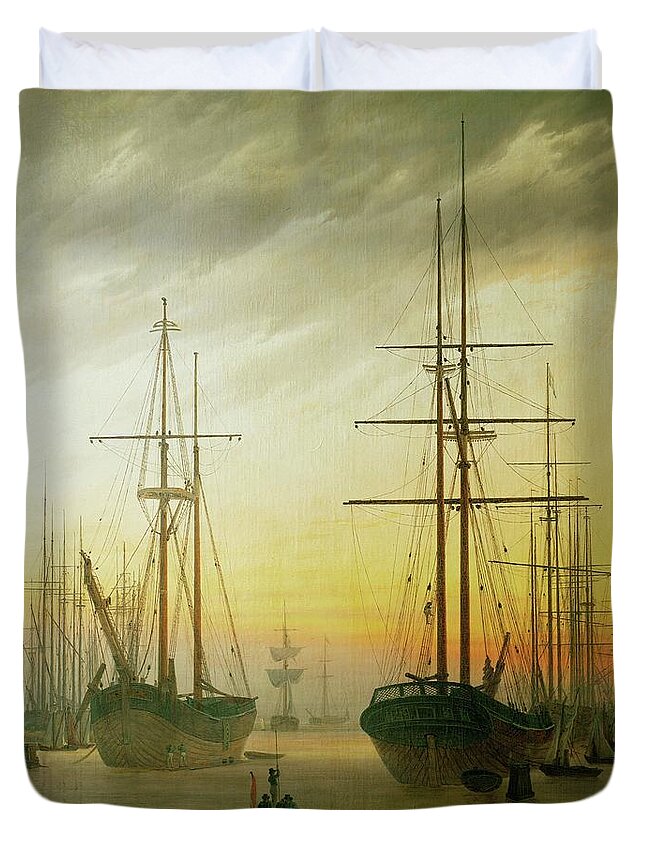 Caspar David Friedrich Duvet Cover featuring the painting Ships in the harbour. Oil on canvas. by Caspar David Friedrich -1774-1840-