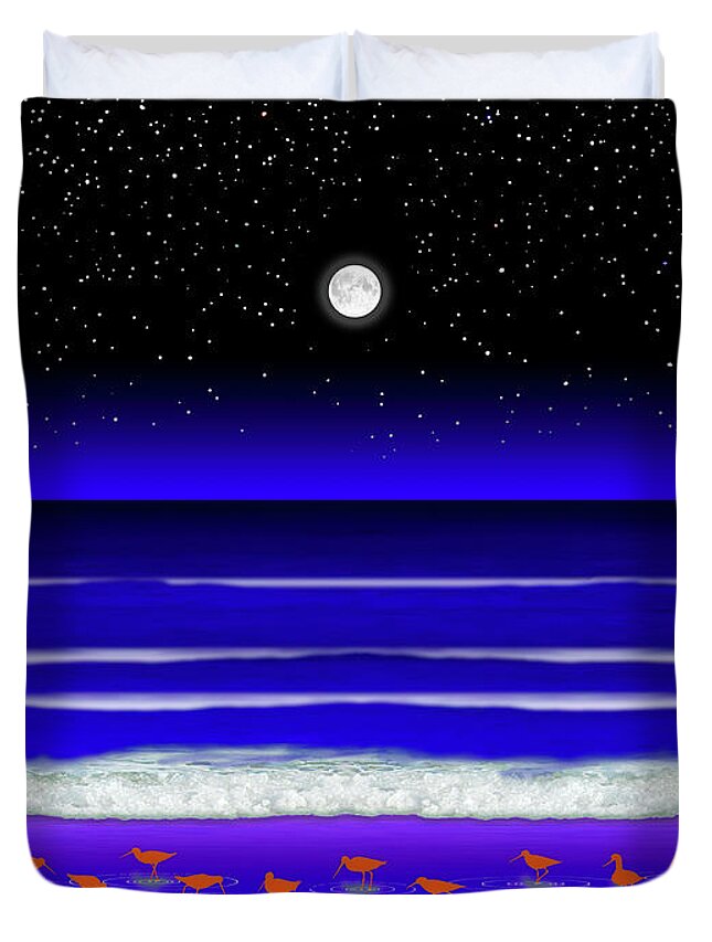 Nighttime At The Beach Duvet Cover featuring the painting Shorebirds / Manhattan Beach, California by David Arrigoni