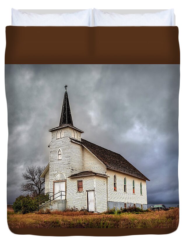 Abandoned Duvet Cover featuring the photograph Shuttered Church in Cartwright North Dakota by Harriet Feagin