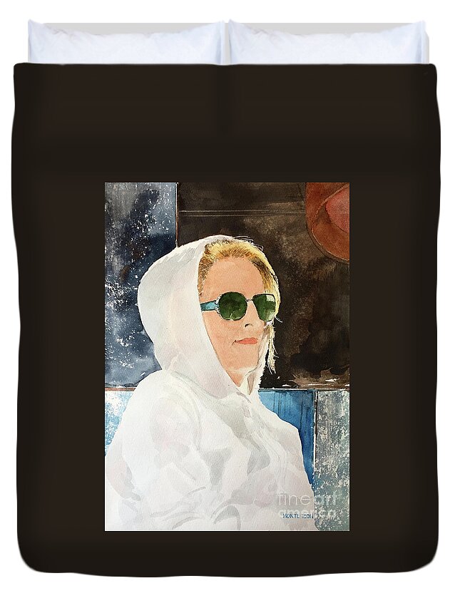 A Beautiful Lady In A White Hoodie And Sunglasses Sits Outside A Sidewalk Cafe. Duvet Cover featuring the painting Sidewalk Cafe by Monte Toon