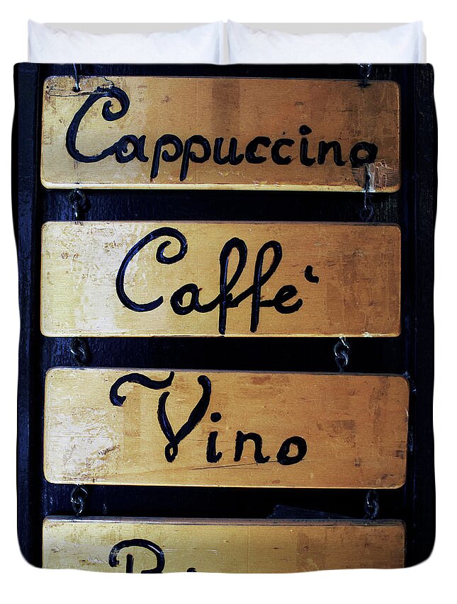 Veneto Duvet Cover featuring the photograph Sign Outside A Bar In Venice by Gary Yeowell