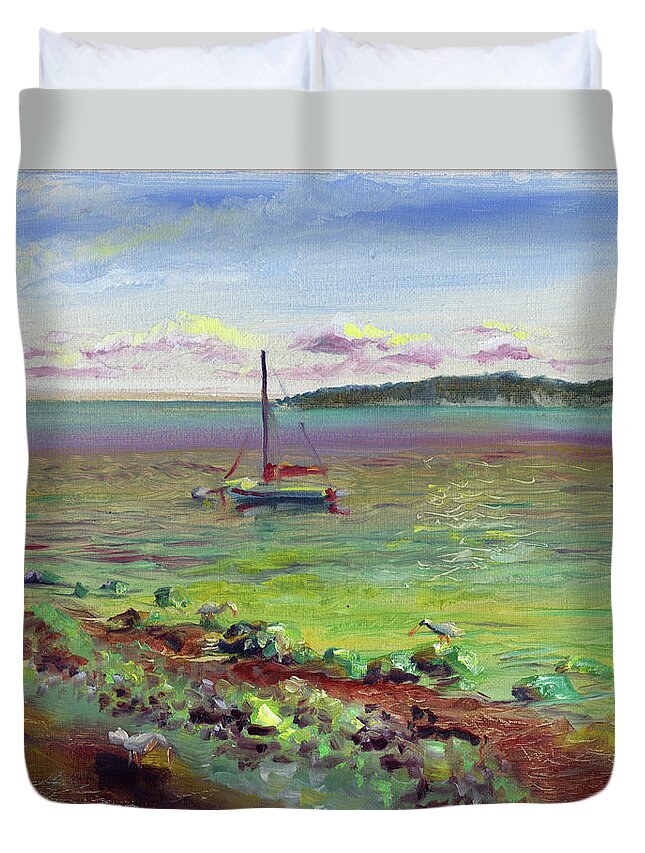 Silver Shores Duvet Cover featuring the painting Silver Shores Seascape by David Bader