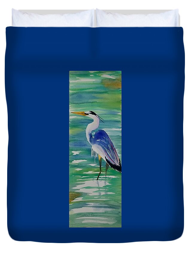 Blue Heron Duvet Cover featuring the painting Sir Blue by Ann Frederick