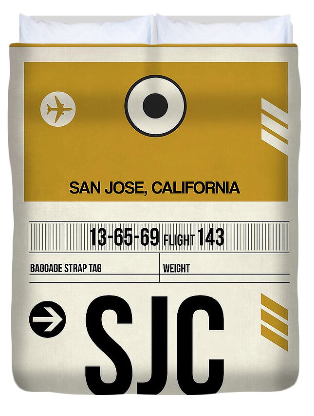 San Jose Duvet Cover featuring the digital art SJC San Jose Luggage Tag I by Naxart Studio