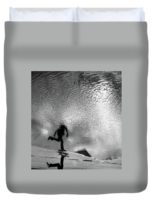 People Duvet Cover featuring the photograph Skateboarder Reflection In Puddle by Mgs