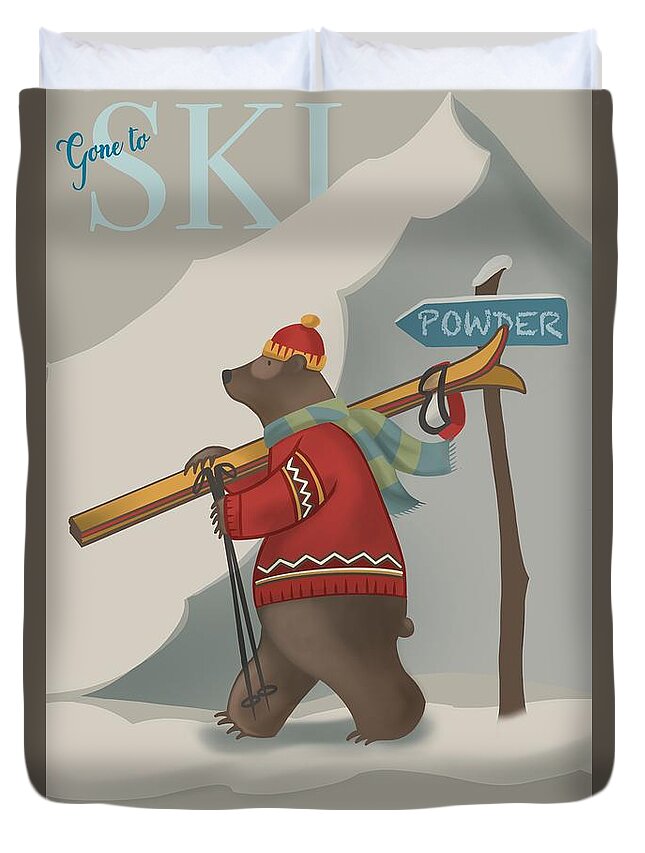 Bear Art Duvet Cover featuring the painting Ski Bear by Sassan Filsoof