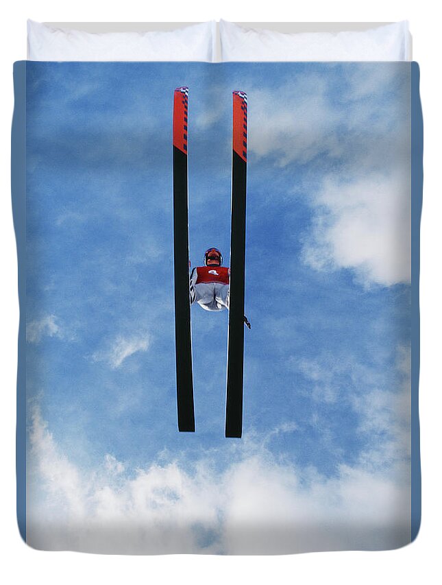 One Man Only Duvet Cover featuring the photograph Ski Jumper Flying Through The Sky, View by David Madison