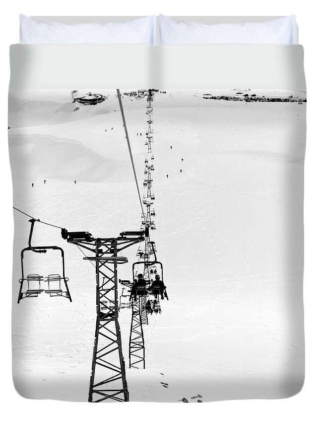 Skiing Duvet Cover featuring the photograph Skiers On Ski Lifts, Farellones by Hans Neleman