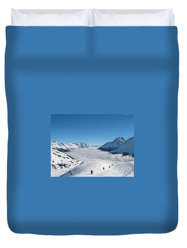 Tranquility Duvet Cover featuring the photograph Skiing And Ski Lift In The Austrian by Thomas Janisch