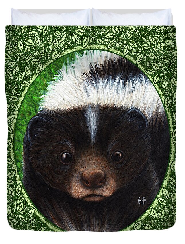 Animal Portrait Duvet Cover featuring the painting Skunk Portrait - Green Border by Amy E Fraser